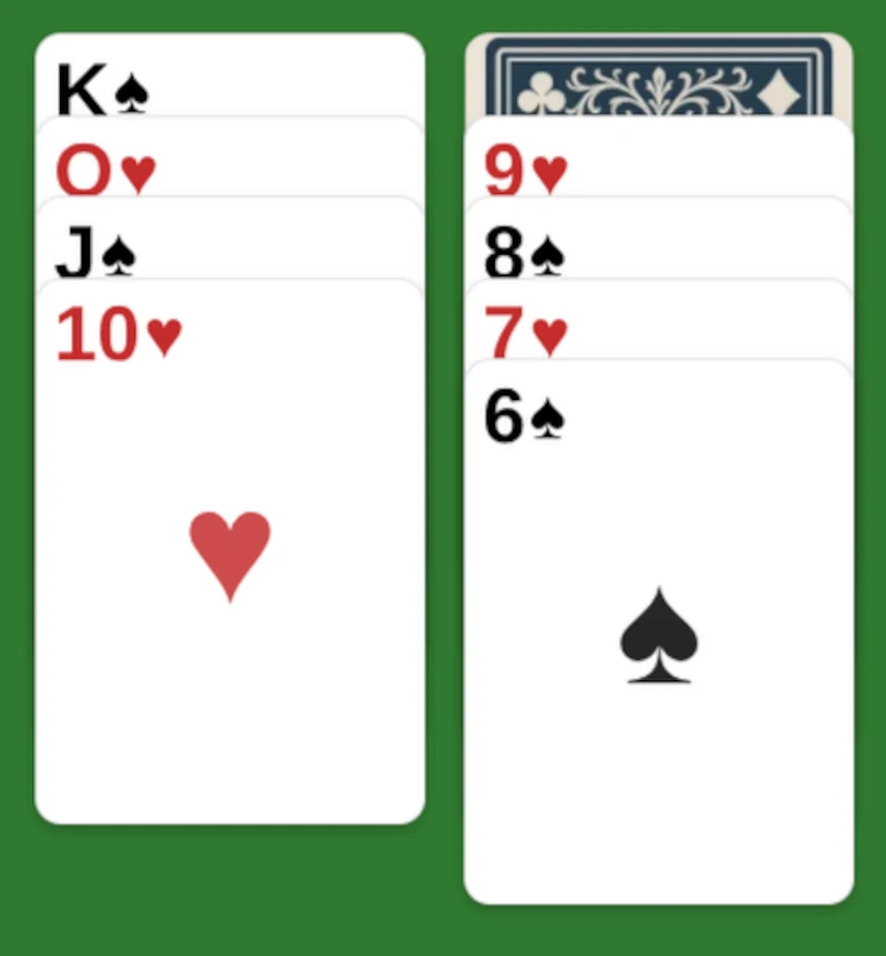Illustration showing a red 6 placed on a black 7, and a black Queen placed on a red King